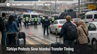 Türkiye protest travel risk slows an Istanbul airport transfer zone as travelers wait curbside with luggage and traffic builds