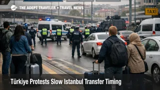 Türkiye protest travel risk slows an Istanbul airport transfer zone as travelers wait curbside with luggage and traffic builds