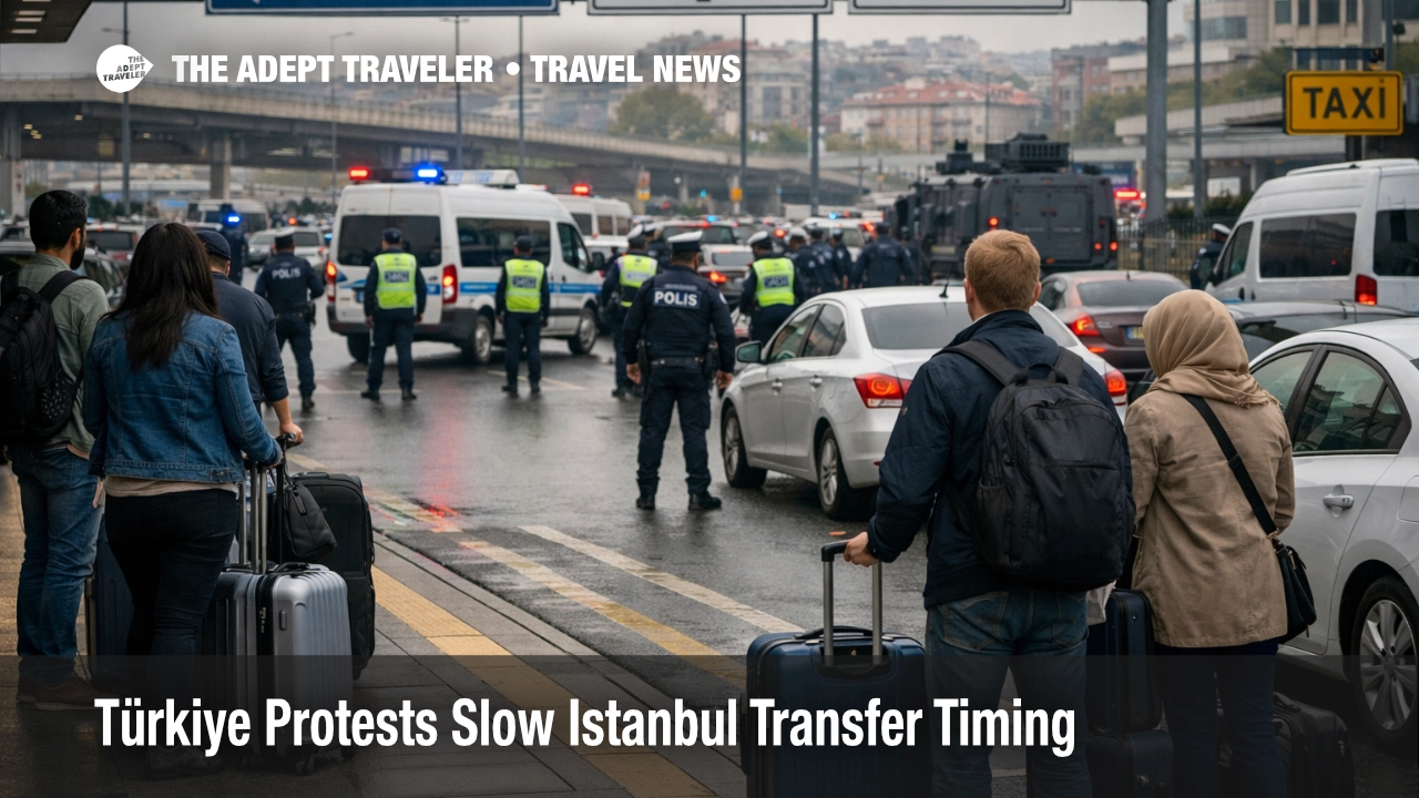 Türkiye protest travel risk slows an Istanbul airport transfer zone as travelers wait curbside with luggage and traffic builds