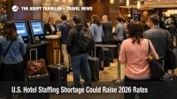 Busy New York hotel lobby shows U.S. hotel staffing shortage pressure during peak check in as 2026 travel demand builds