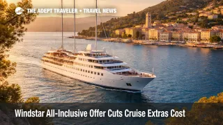 Windstar all-inclusive offer shown with a small cruise yacht underway on a Mediterranean sailing route through 2027