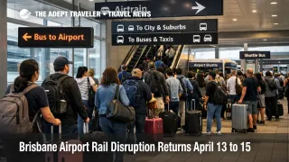 Brisbane airport rail disruption at BNE shows travelers with luggage facing longer train to airport transfers in April