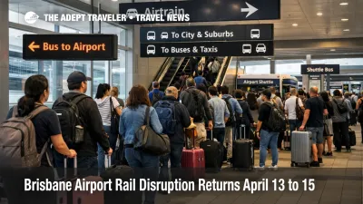 Brisbane airport rail disruption at BNE shows travelers with luggage facing longer train to airport transfers in April