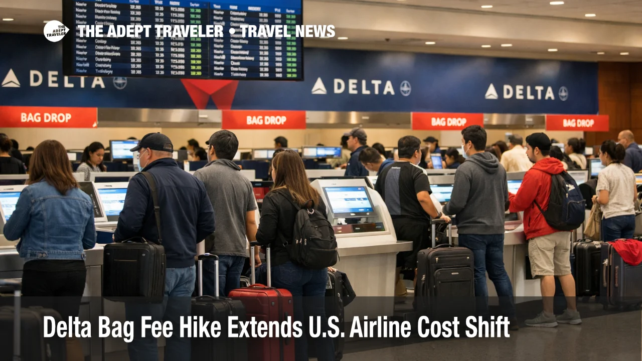 Delta bag fee hike reflected at ATL check in counters as travelers queue to pay higher checked bag charges on new bookings