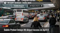 Dublin airport access delays slow terminal approach traffic as passengers queue outside Dublin Airport during protest disruption