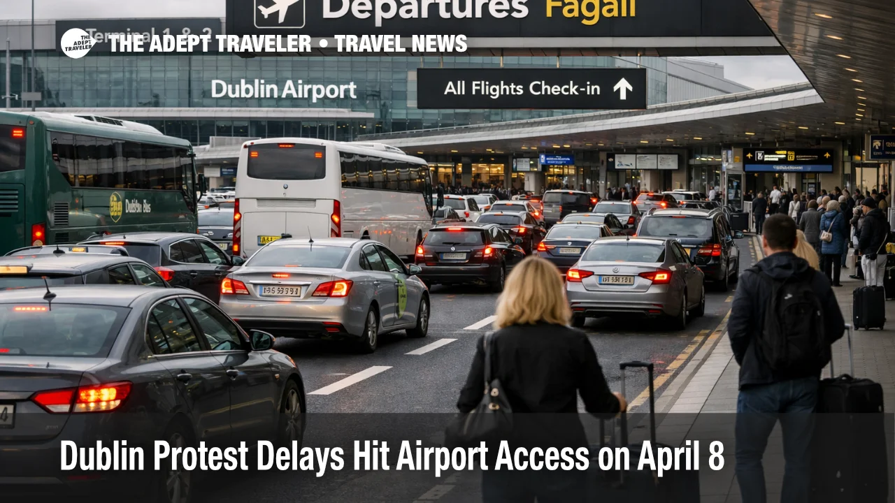 Dublin airport access delays slow terminal approach traffic as passengers queue outside Dublin Airport during protest disruption