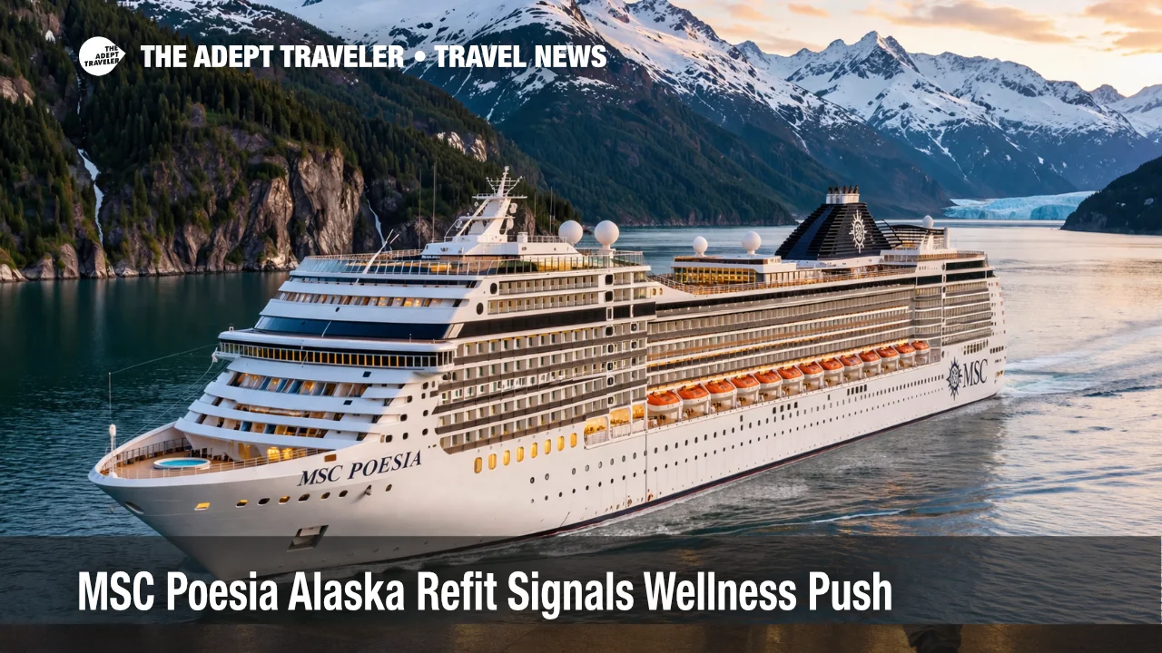 MSC Poesia Alaska refit visual shows the ship in Southeast Alaska, signaling a more wellness-focused cruise fit
