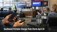 Southwest portable charger rule shown in a Dallas Love Field gate area with travelers managing device charging before boarding