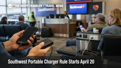 Southwest portable charger rule shown in a Dallas Love Field gate area with travelers managing device charging before boarding