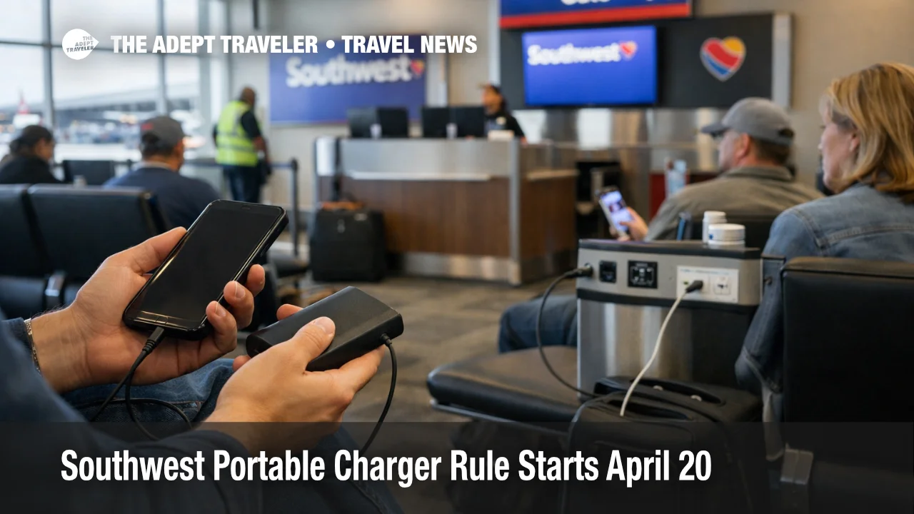 Southwest portable charger rule shown in a Dallas Love Field gate area with travelers managing device charging before boarding