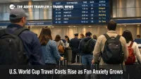 U.S. World Cup travel costs and entry friction shown by travelers queueing at Boston Logan check in counters