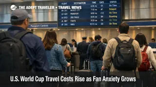 U.S. World Cup travel costs and entry friction shown by travelers queueing at Boston Logan check in counters