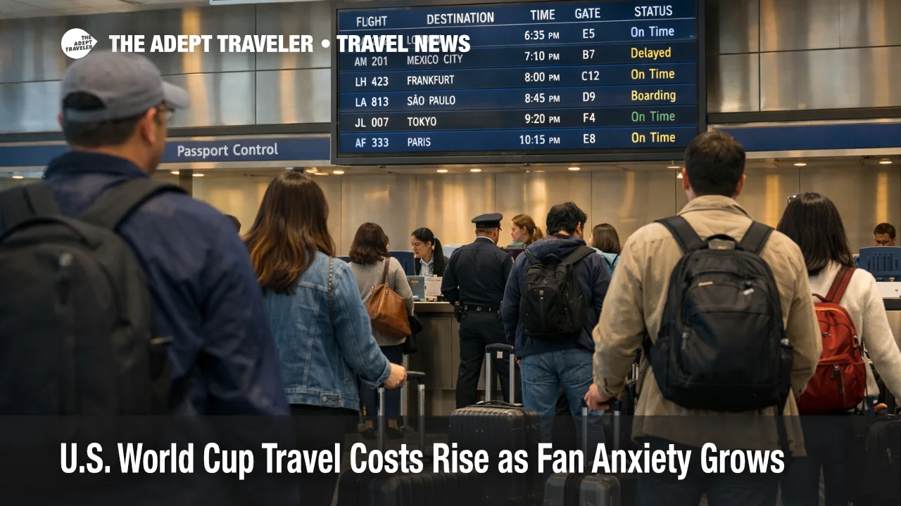 U.S. World Cup travel costs and entry friction shown by travelers queueing at Boston Logan check in counters
