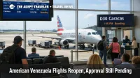 American Venezuela flights scene at Miami International Airport with an Embraer 175 and passengers near a Caracas departure gate