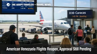 American Venezuela flights scene at Miami International Airport with an Embraer 175 and passengers near a Caracas departure gate