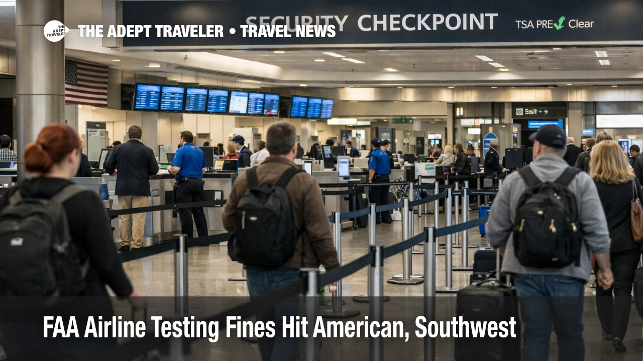 FAA airline testing fines in focus at a U.S. airport terminal as travelers move through a check in and security area