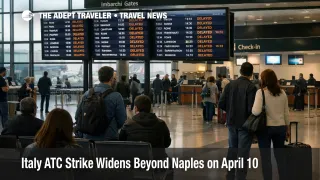 Italy ATC strike April 10 shown by delay screens and waiting passengers inside Milan Malpensa Airport