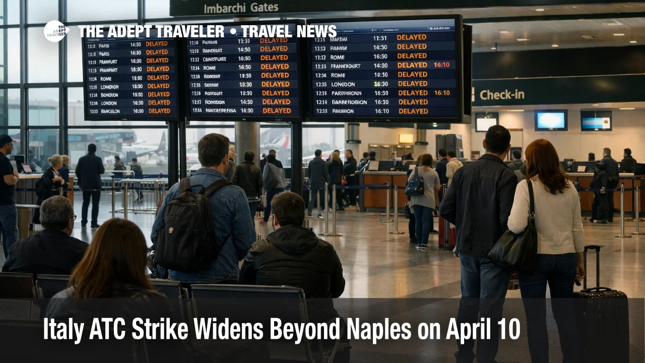 Italy ATC strike April 10 shown by delay screens and waiting passengers inside Milan Malpensa Airport