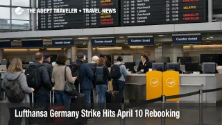 Lufthansa Germany strike at Frankfurt Airport shows closed counters and queues as April 10 cancellations reshape rebooking