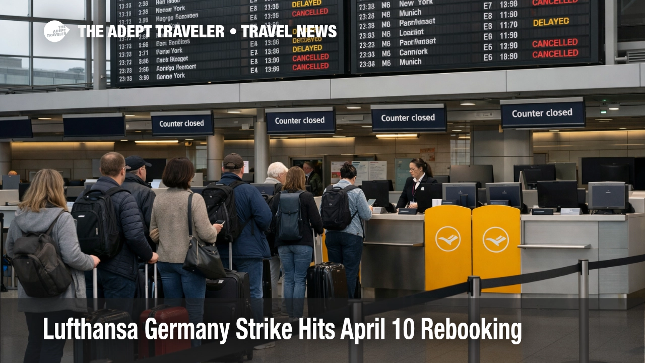 Lufthansa Germany strike at Frankfurt Airport shows closed counters and queues as April 10 cancellations reshape rebooking
