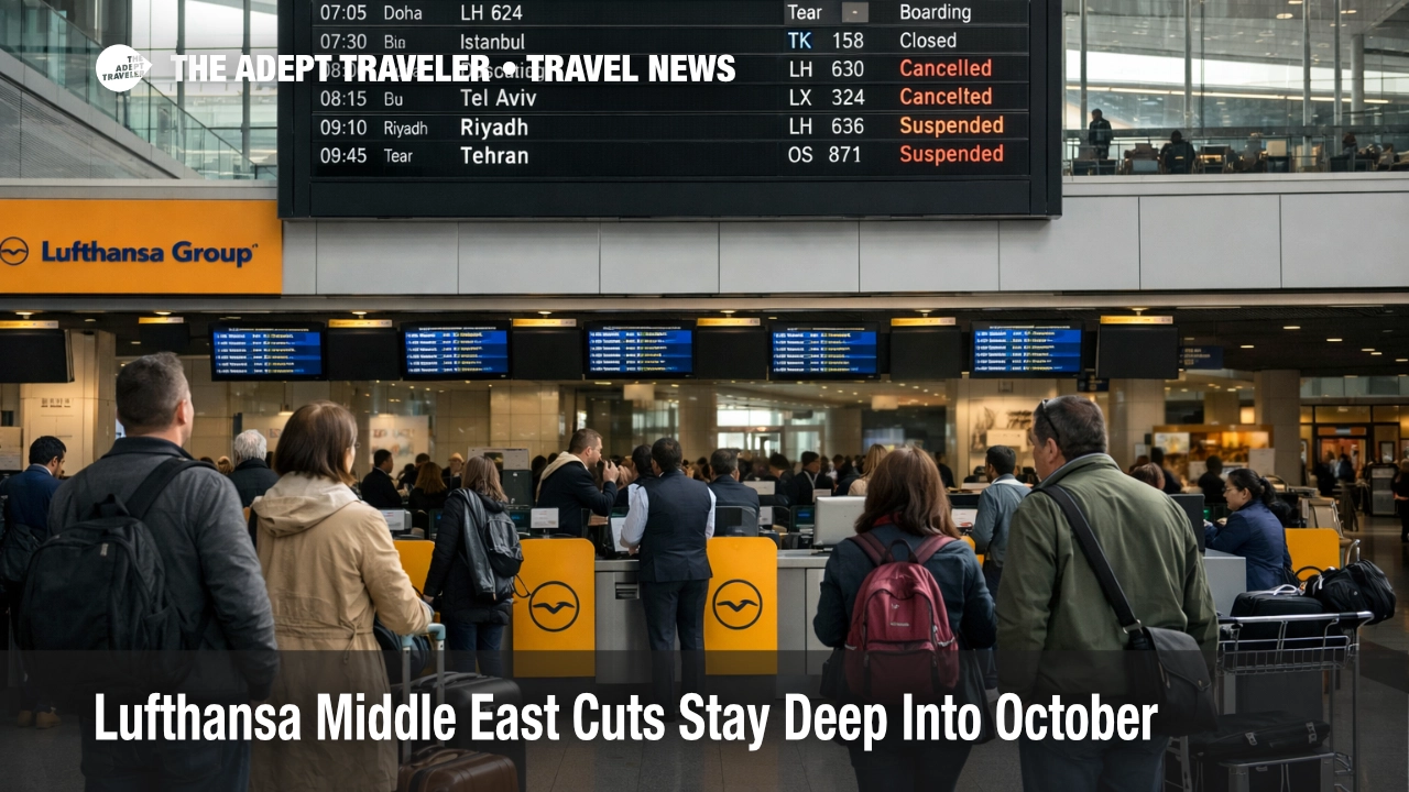 Lufthansa Middle East suspensions shown by travelers rebooking at Frankfurt Airport departures screens
