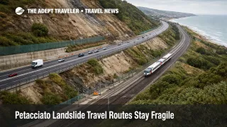 Petacciato landslide travel routes near Italy's Adriatic corridor show reopened road and rail under cloudy conditions