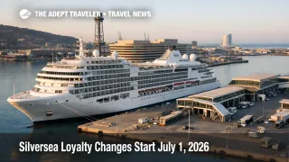 Silversea loyalty changes shown through a luxury cruise ship at Port of Barcelona before embarkation on a calm morning