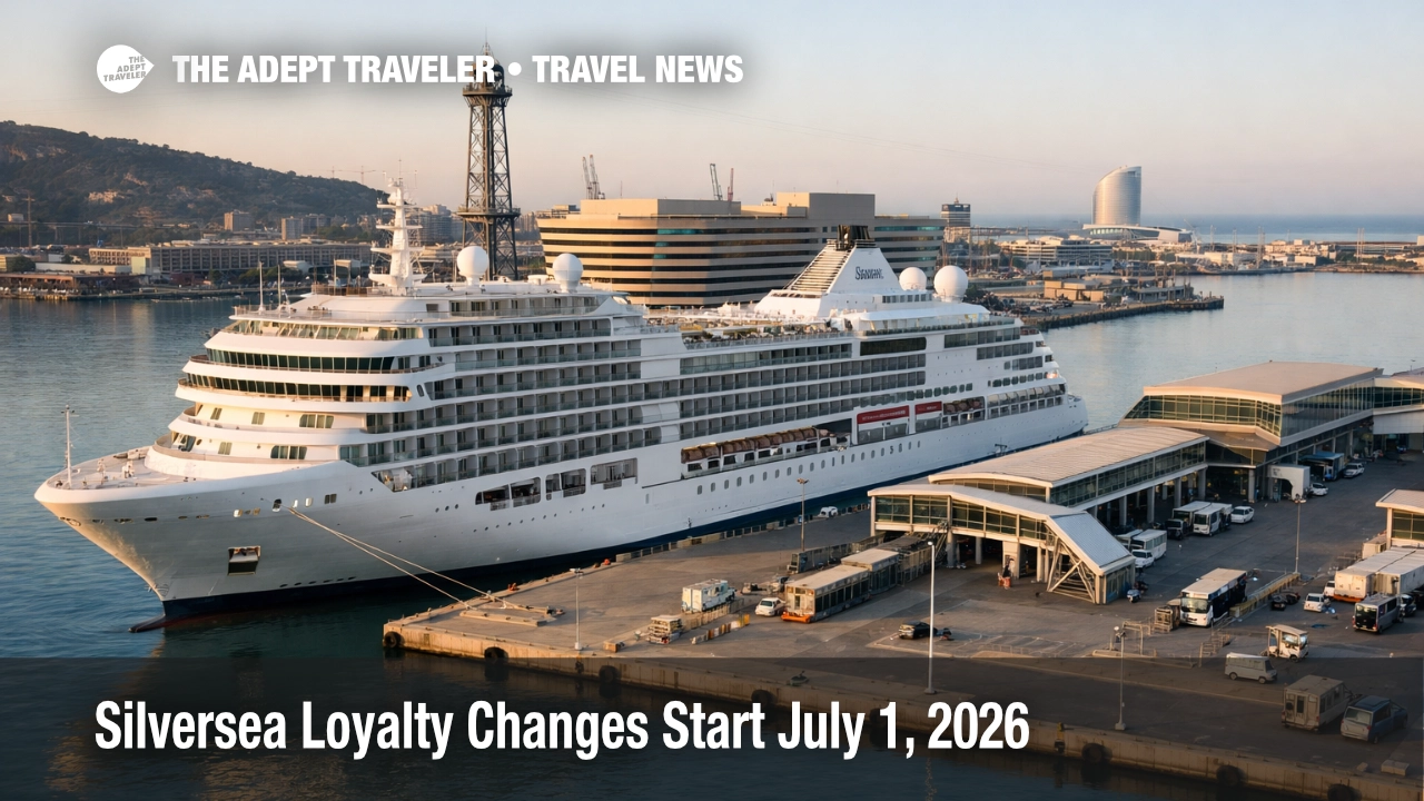 Silversea loyalty changes shown through a luxury cruise ship at Port of Barcelona before embarkation on a calm morning