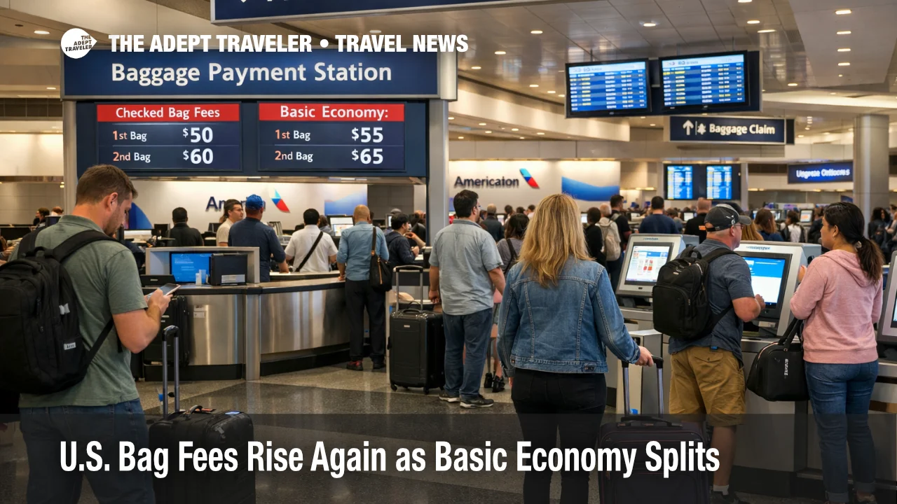U.S. bag fee hikes shown at an airport check in hall where travelers pay checked bag charges and compare fare options