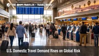 U.S. domestic travel demand at Las Vegas airport shown by a busy departures hall and travelers checking screens