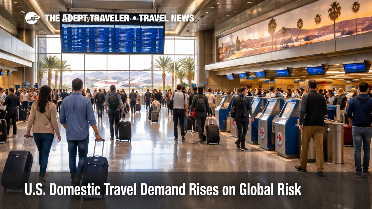 U.S. domestic travel demand at Las Vegas airport shown by a busy departures hall and travelers checking screens