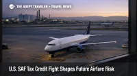U.S. SAF tax credit story shown through an LAX gate scene with aircraft fueling, reflecting future airfare risk