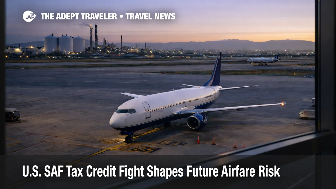 U.S. SAF tax credit story shown through an LAX gate scene with aircraft fueling, reflecting future airfare risk