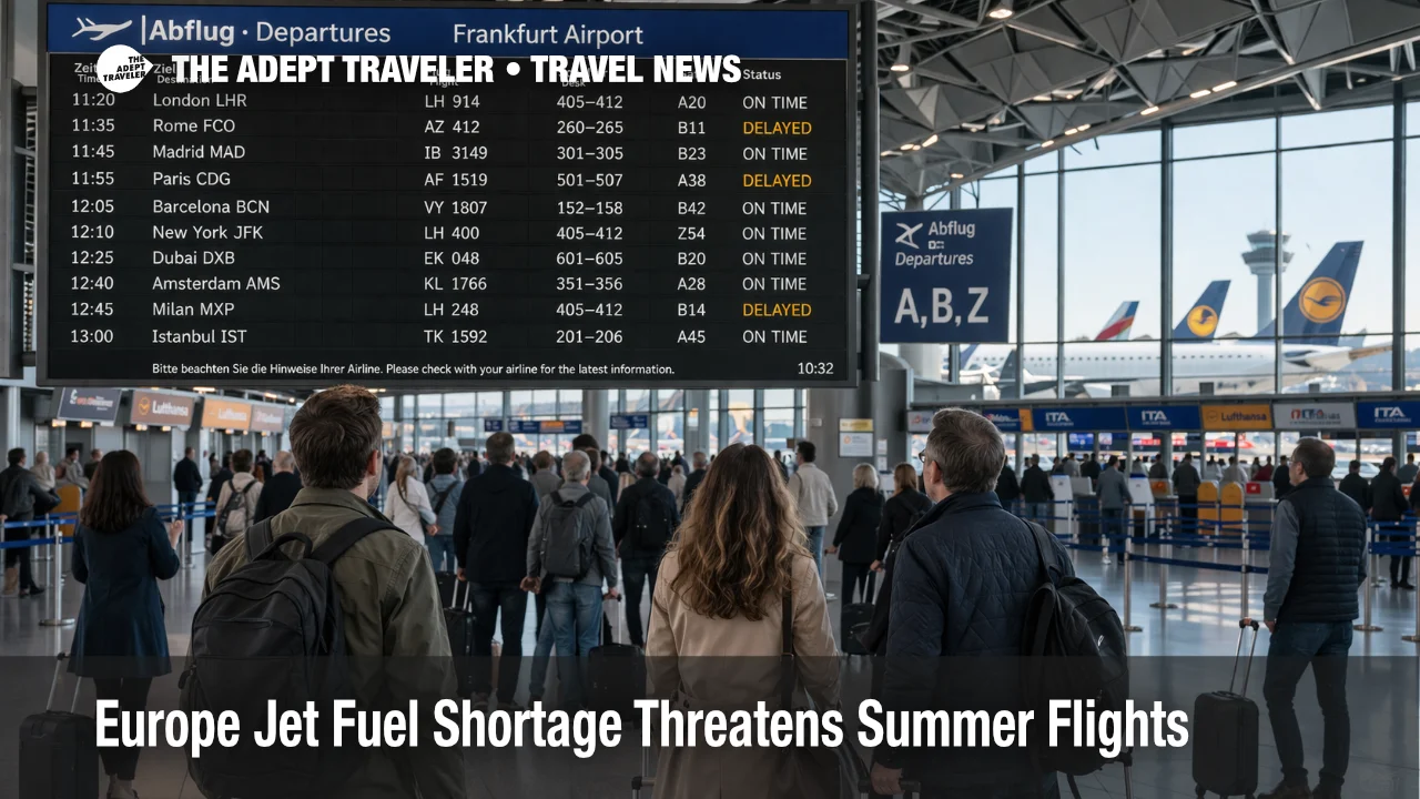 Passengers wait under departure screens at Frankfurt Airport as Europe jet fuel shortage risk raises summer flight planning pressure