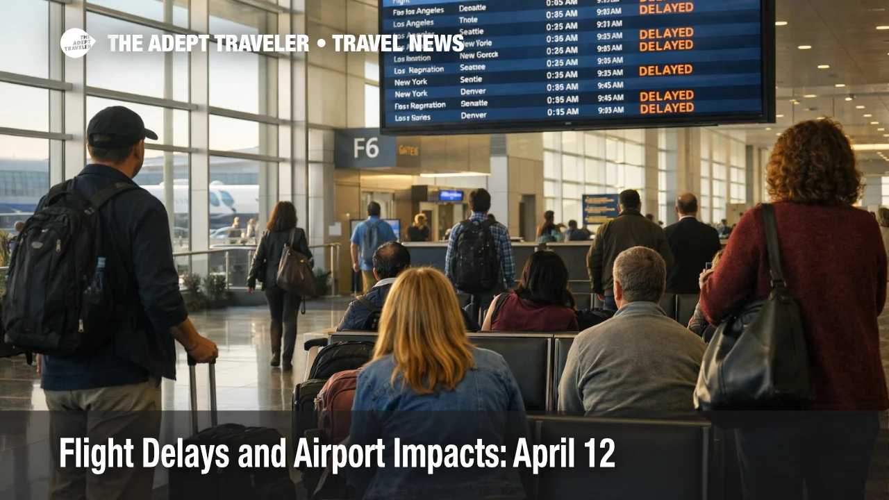 Passengers watch delay screens at SFO as April 12 flight delays raise later day connection risk in San Francisco