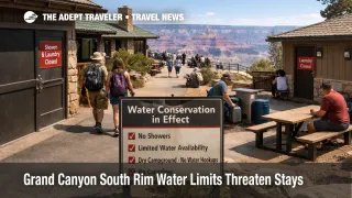 South Rim water restrictions at Grand Canyon show a constrained lodging area and limited campground services in April 2026