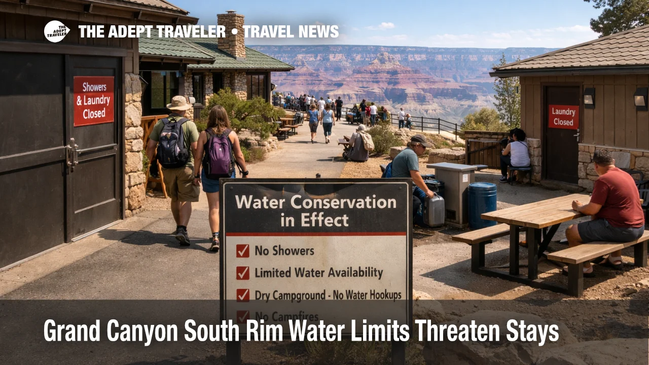 South Rim water restrictions at Grand Canyon show a constrained lodging area and limited campground services in April 2026