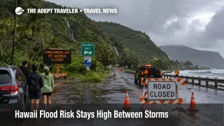 Hawaii flood travel risk on Oahu shows a wet North Shore road closure after repeated storms and unstable ground access