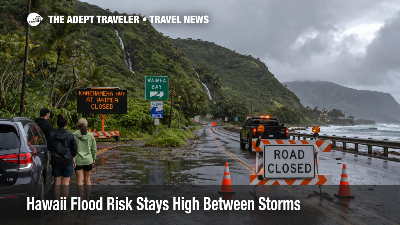 Hawaii flood travel risk on Oahu shows a wet North Shore road closure after repeated storms and unstable ground access