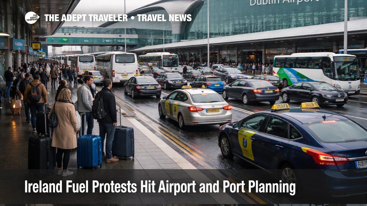 Ireland fuel protest disruption slows Dublin Airport curbside traffic as coaches, taxis, and travelers queue outside the terminal