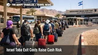 Travelers queue at Taba near Eilat as Israel Taba exit costs turn land departure plans into a cash heavy route choice.