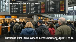 Lufthansa pilot strike Germany scene at Frankfurt Airport shows travelers checking disrupted departures on April 13 to 14