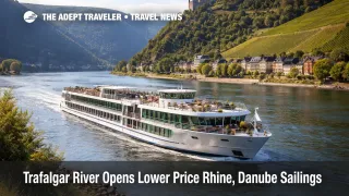 Trafalgar river cruises ship sailing the Rhine near Koblenz, reflecting new lower price Rhine and Danube cruise options