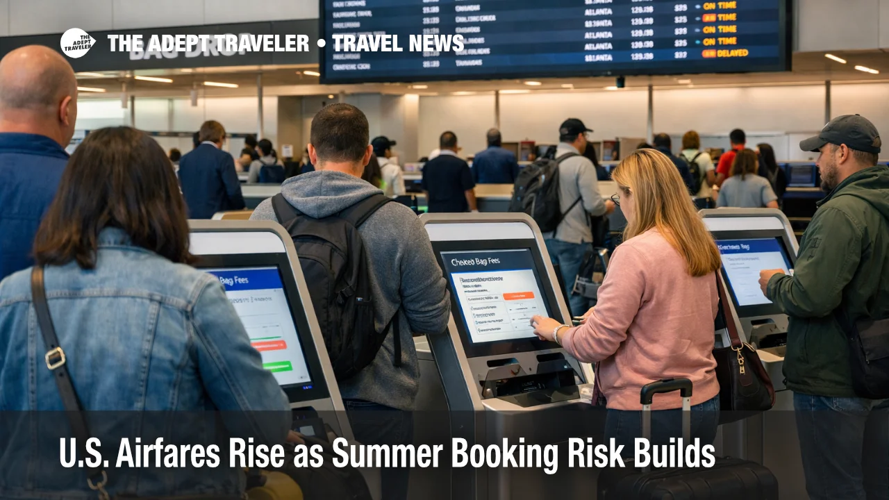 Travelers queue at LaGuardia check in as U.S. airfares rise and higher bag fees reshape summer flight costs