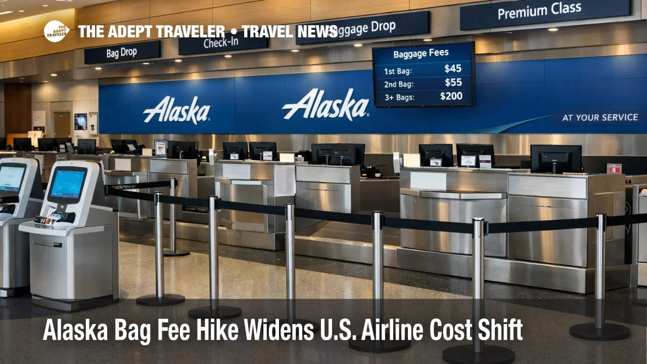 Alaska bag fee hike reflected at Alaska check in counters in Seattle as North America travelers face higher checked bag costs