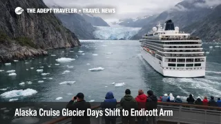 Alaska cruise itinerary change shown by a ship entering Endicott Arm for glacier viewing under overcast spring skies