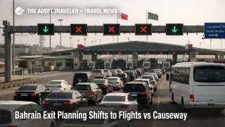 Bahrain exit planning at King Fahd Causeway shows border lanes and traffic as travelers weigh road departure risk