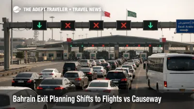 Bahrain exit planning at King Fahd Causeway shows border lanes and traffic as travelers weigh road departure risk