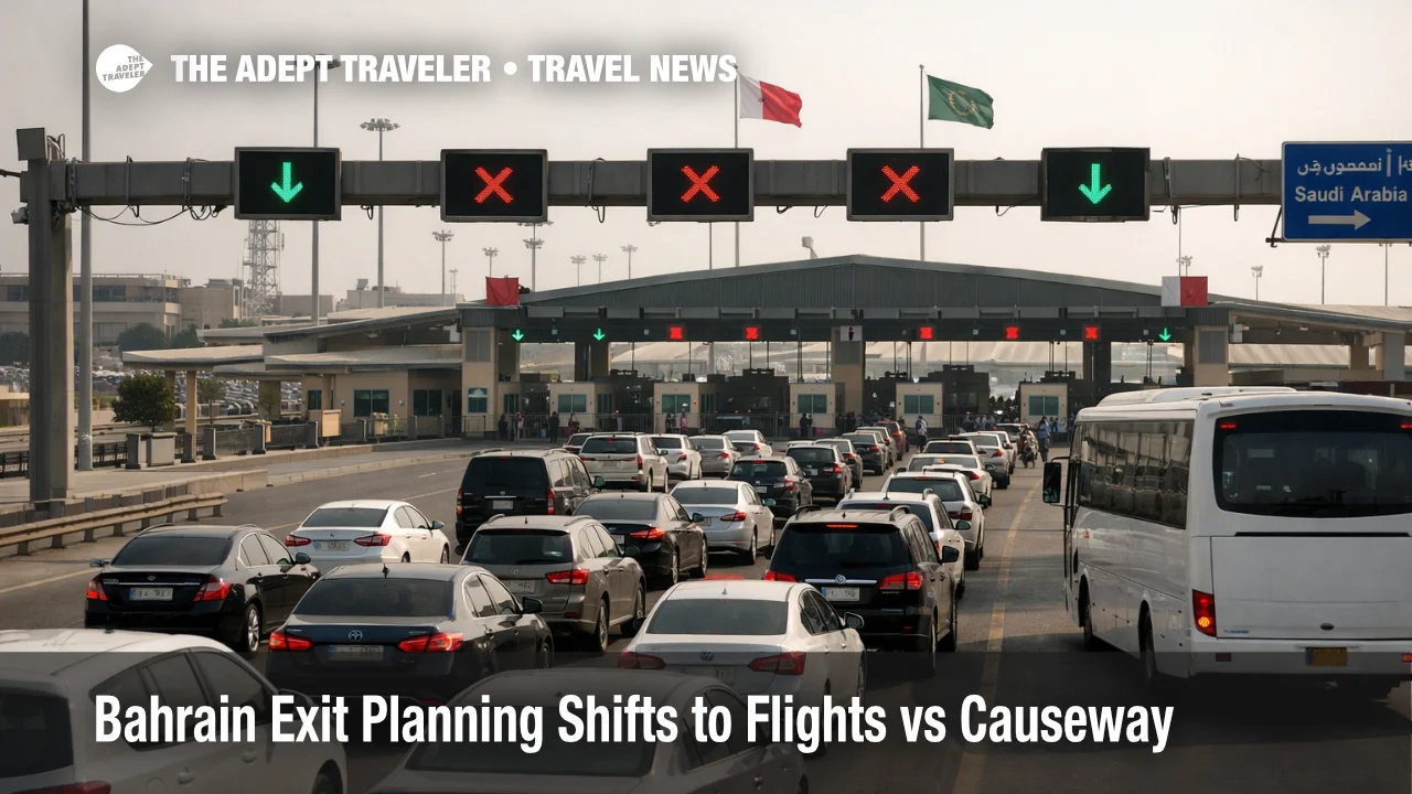 Bahrain exit planning at King Fahd Causeway shows border lanes and traffic as travelers weigh road departure risk