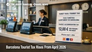 Barcelona tourist tax notice at a hotel reception in Barcelona as higher April 2026 stay fees raise trip costs